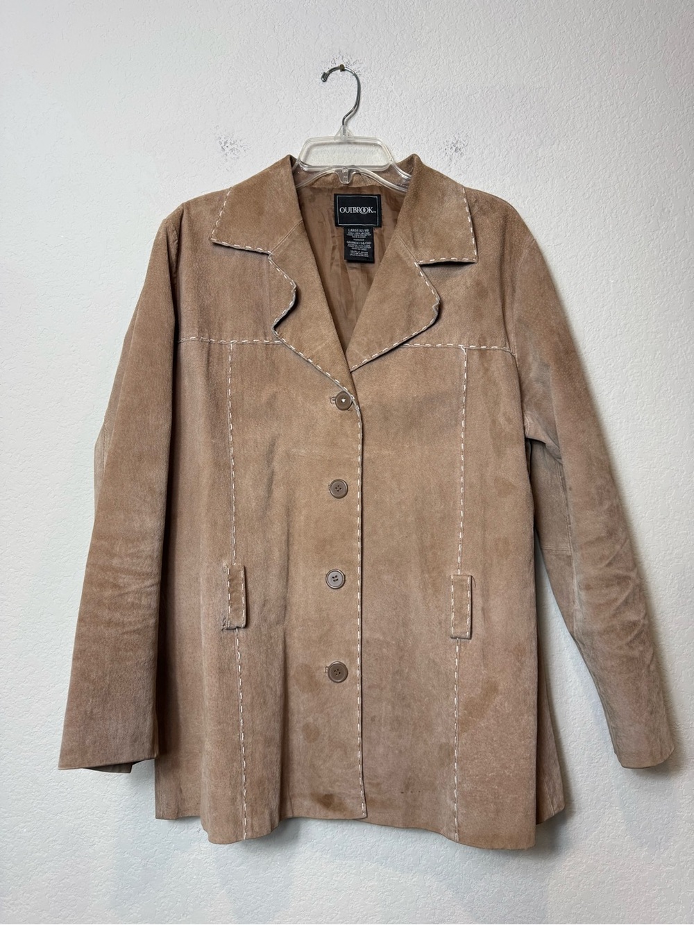 Vintage Outbrook 100% Leather Tan Suede Button-Front Jacket No Belt size L 12/14